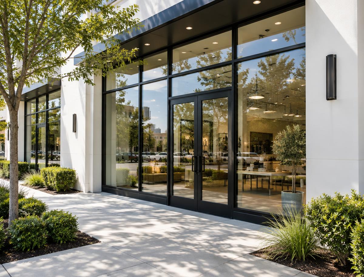 Existing commercial property with clear storefront windows and glass entry doors