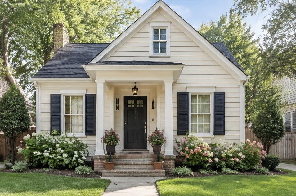 Small cream-sided cottage with shutters and front porch
