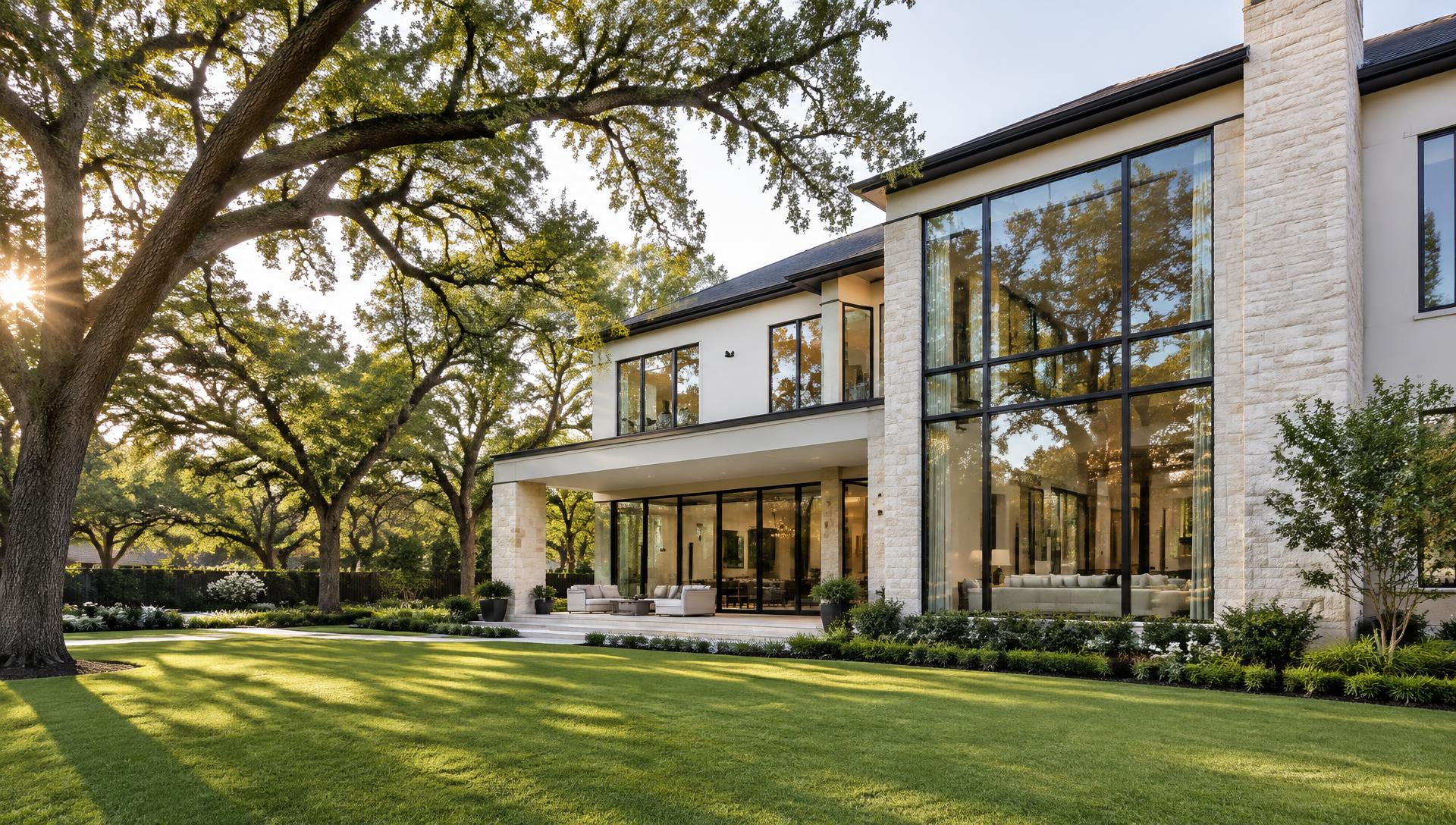 Sunlit Houston-style home with expansive glass windows and patio doors