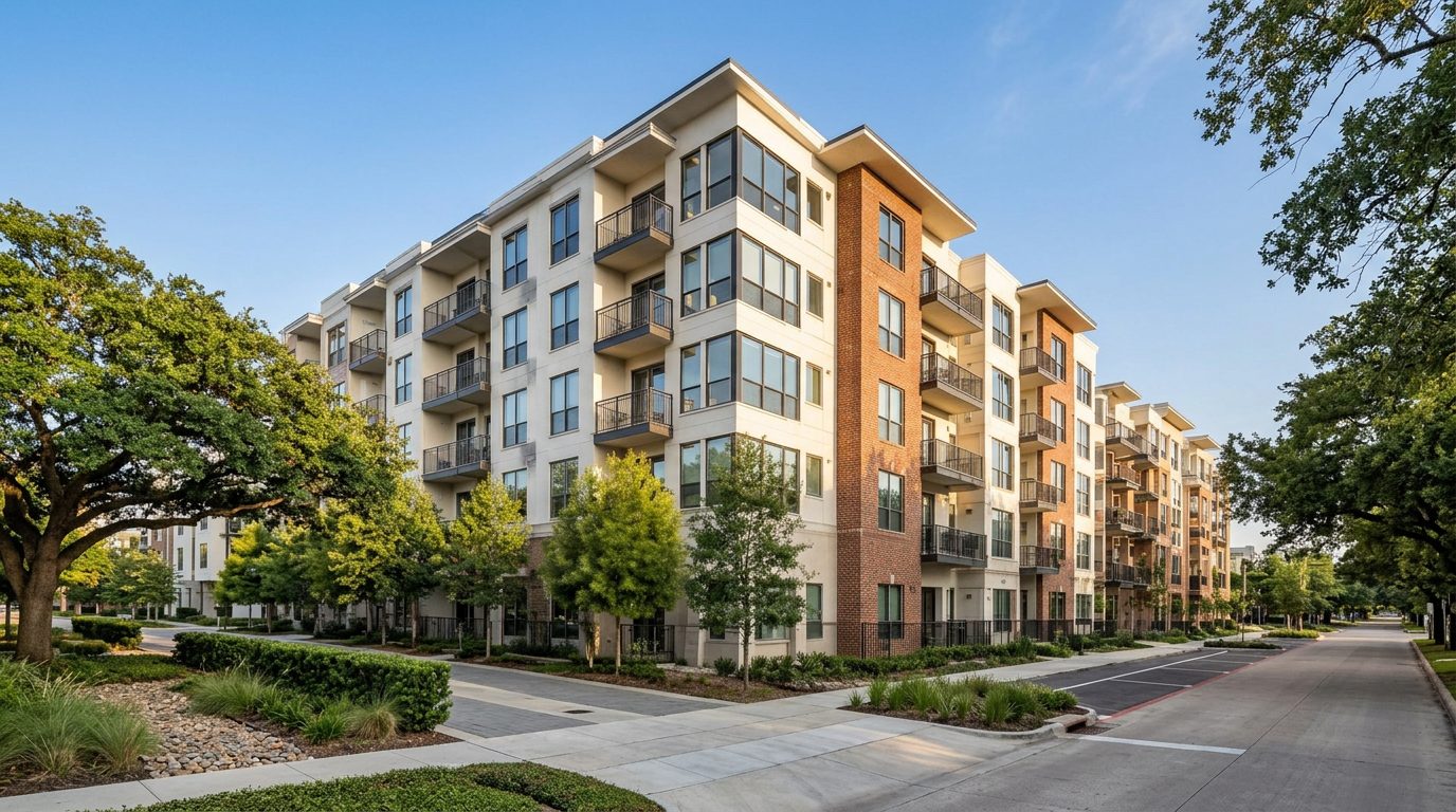 Modern mid-rise apartment building with corner windows and black metal balconies