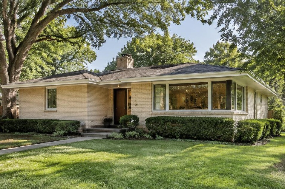 Low-roofed pale-brick mid-century home with corner windows