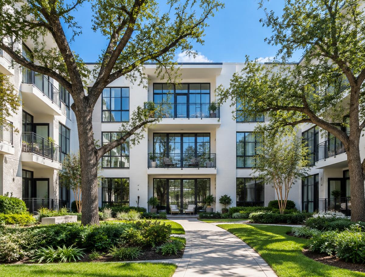 Glass windows in a landscaped apartment community