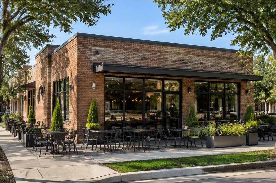 Brick neighborhood restaurant with wide glass dining-room windows and patio