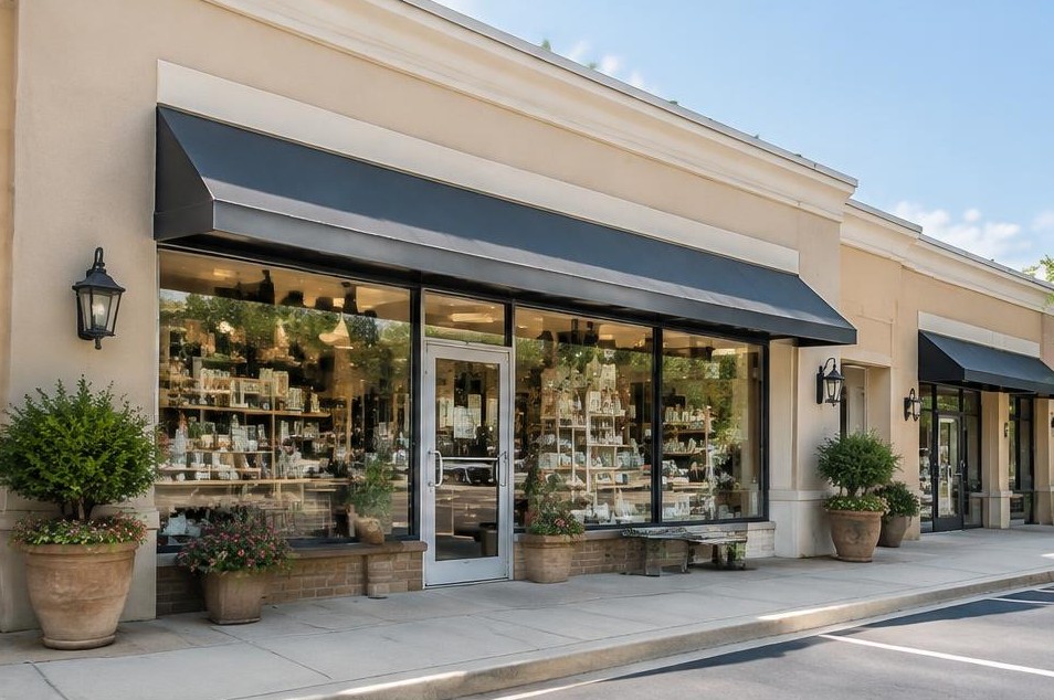 Modest stucco retail shop with display windows and covered sidewalk