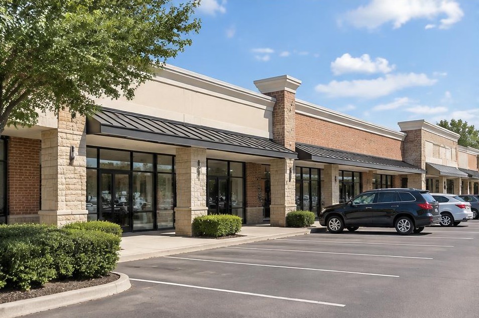 Established shopping center with multiple glass-front retail units