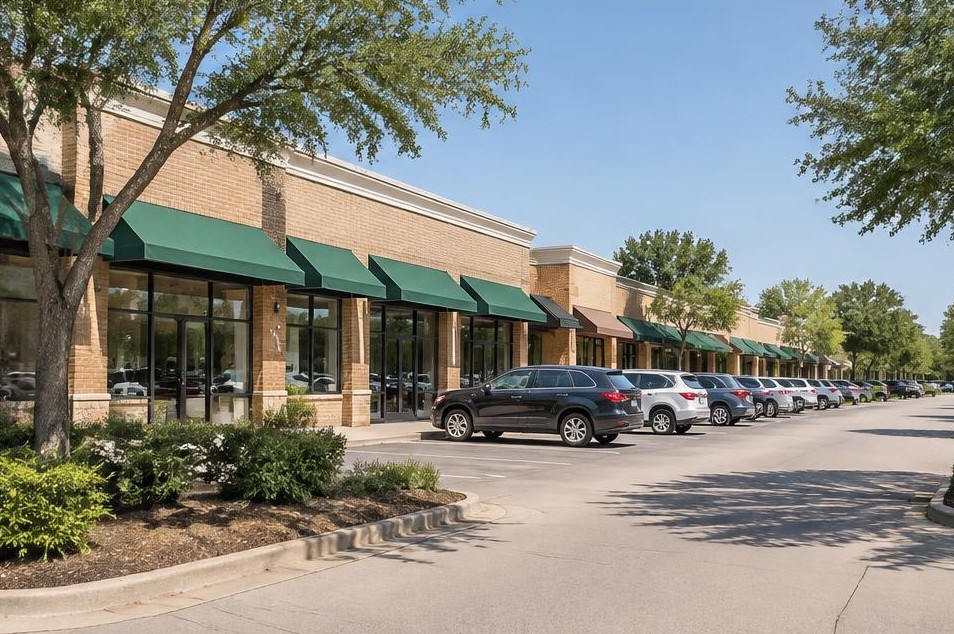 One-story neighborhood shopping plaza with glass storefronts and green awnings