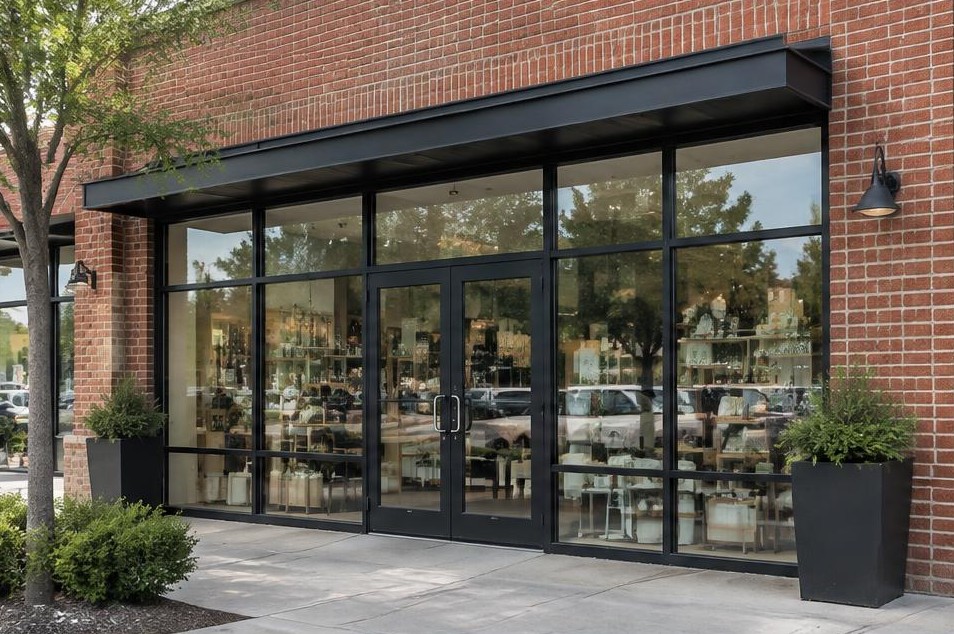 Red-brick retail storefront with large clear display windows and glass entry